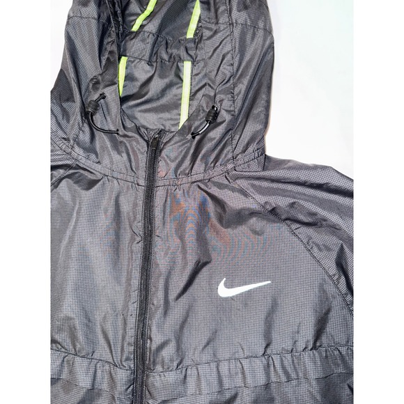 Nike Running Windbreaker Jacket Mens XL Grey Neon Green Ripstop Hooded Full Zip - Picture 3 of 4